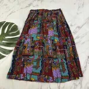 New Aura Vintage 90s Crinkle Midi Skirt Size M Red Purple Animal Floral Pockets